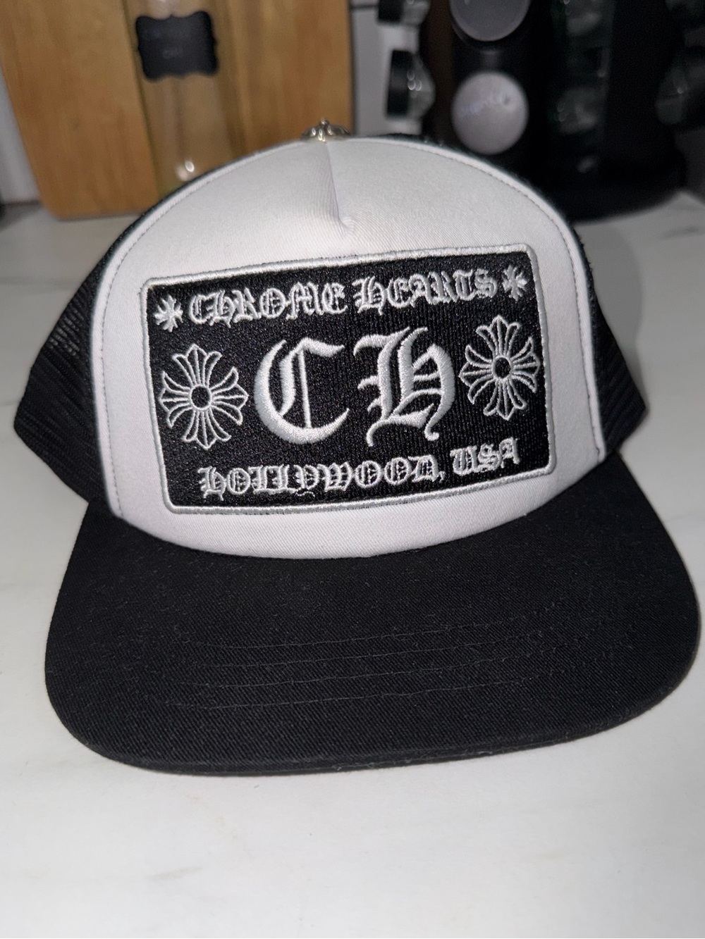Chrome Hearts Black and White Patch Trucker Hat
